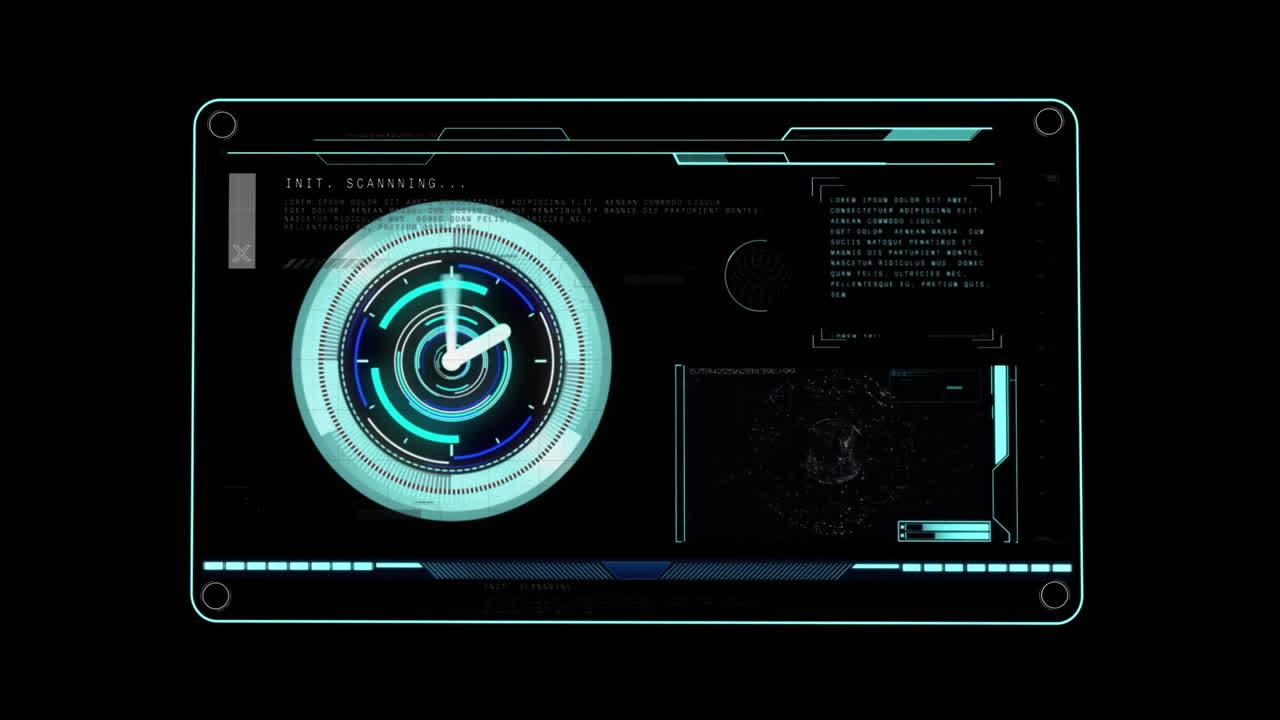 анимация сканирования объекта с цифровым интерфейсом часов на черном фоне