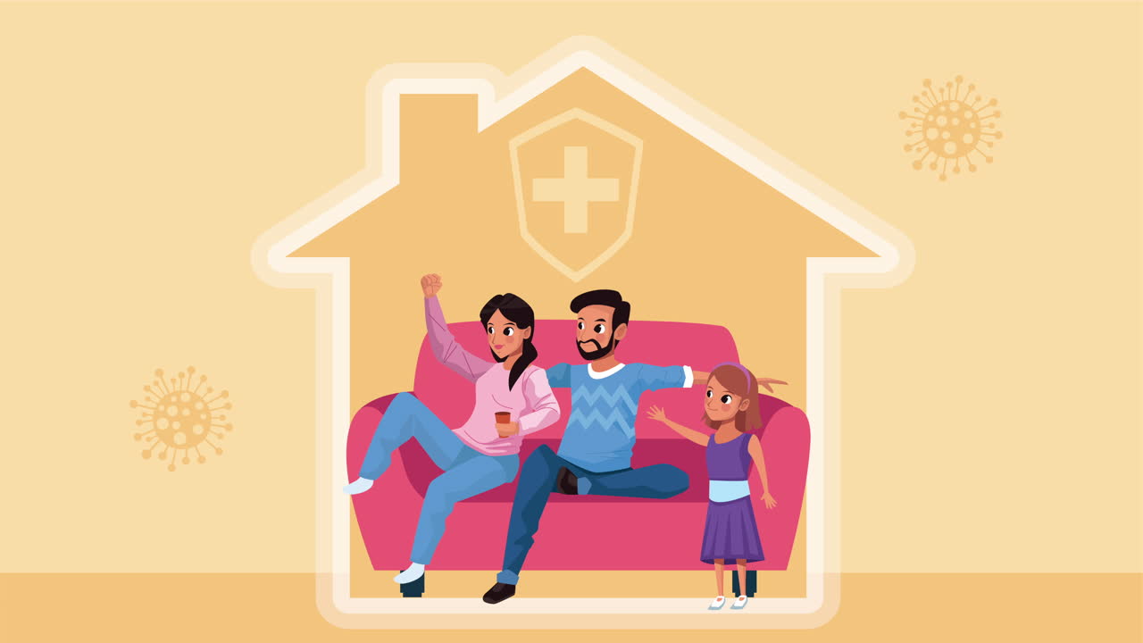 부모와 딸이 거실에있는 캐릭터는 집에 머물러 캠페인