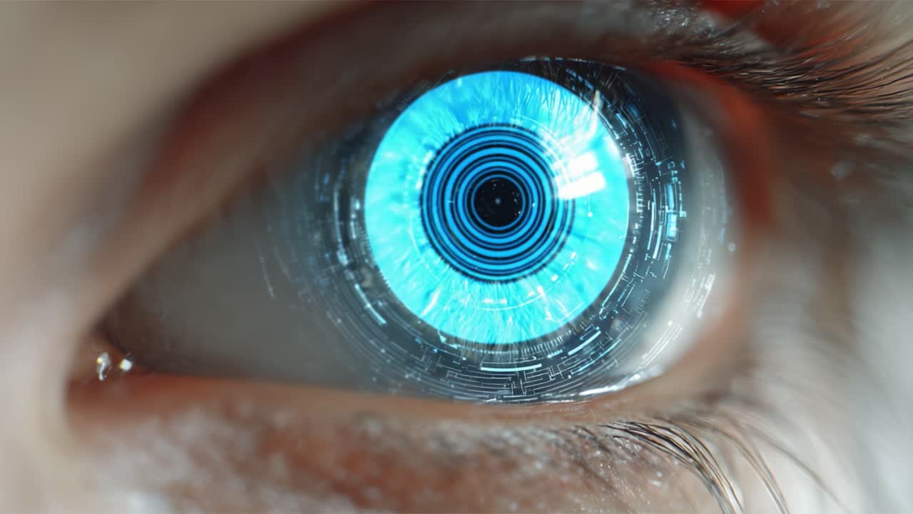 Una rappresentazione futuristica di un occhio umano che si fonde con la tecnologia avanzata, mostrando un motivo a circuito digitale all'interno dell'iride, a simboleggiare innovazione e connettività.