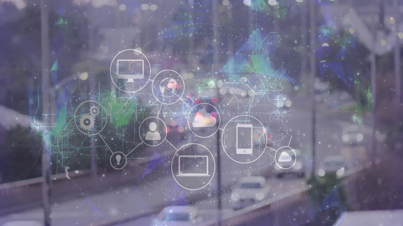 Network of connections and data processing animation over busy urban traffic scene