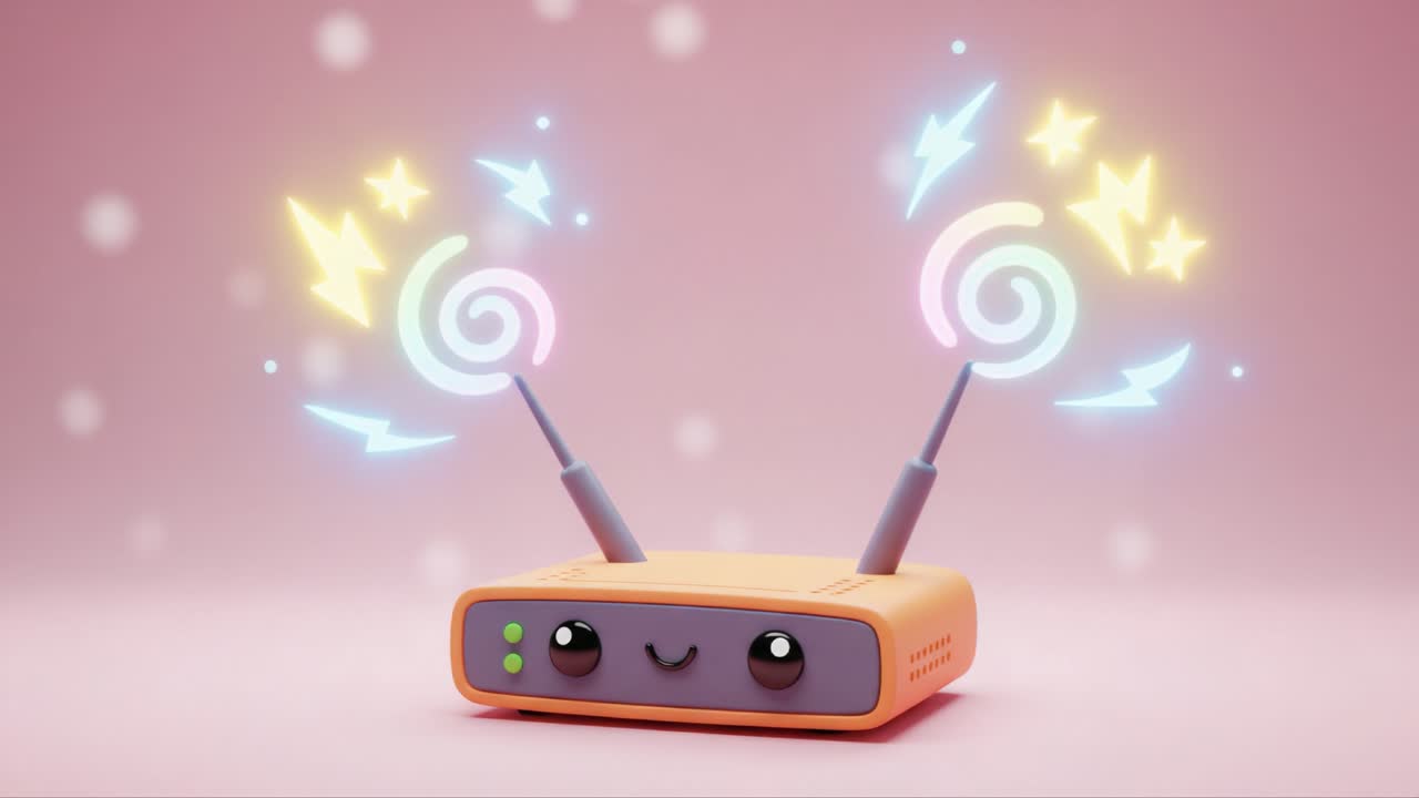 A Charming, Animated Router Character with Whimsical Lightning and Colorful Swirls Bringing Joy and Connectivity in an Adorable Design Against a Playful Pink Background