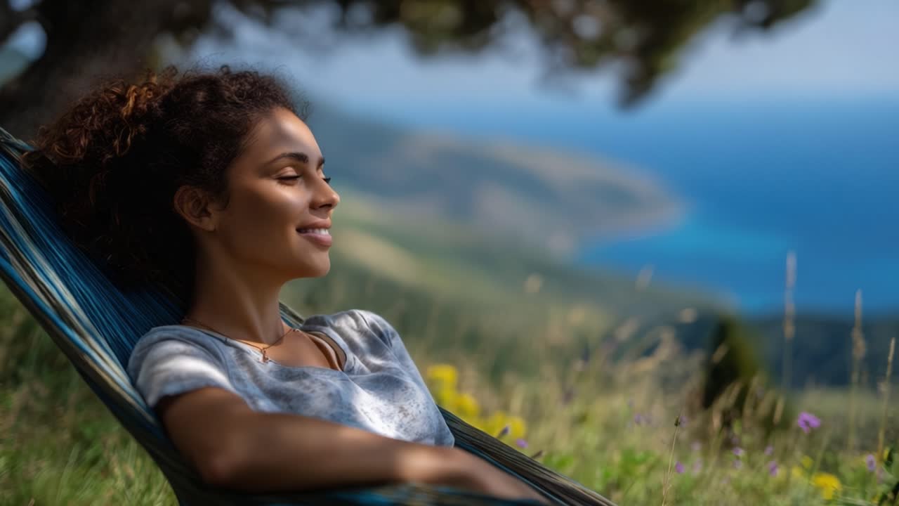 A Tranquil Moment of Serenity in Nature: A Young Woman Relaxing in a Hammock with a Stunning View of the Scenic Landscape and Ocean in the Background