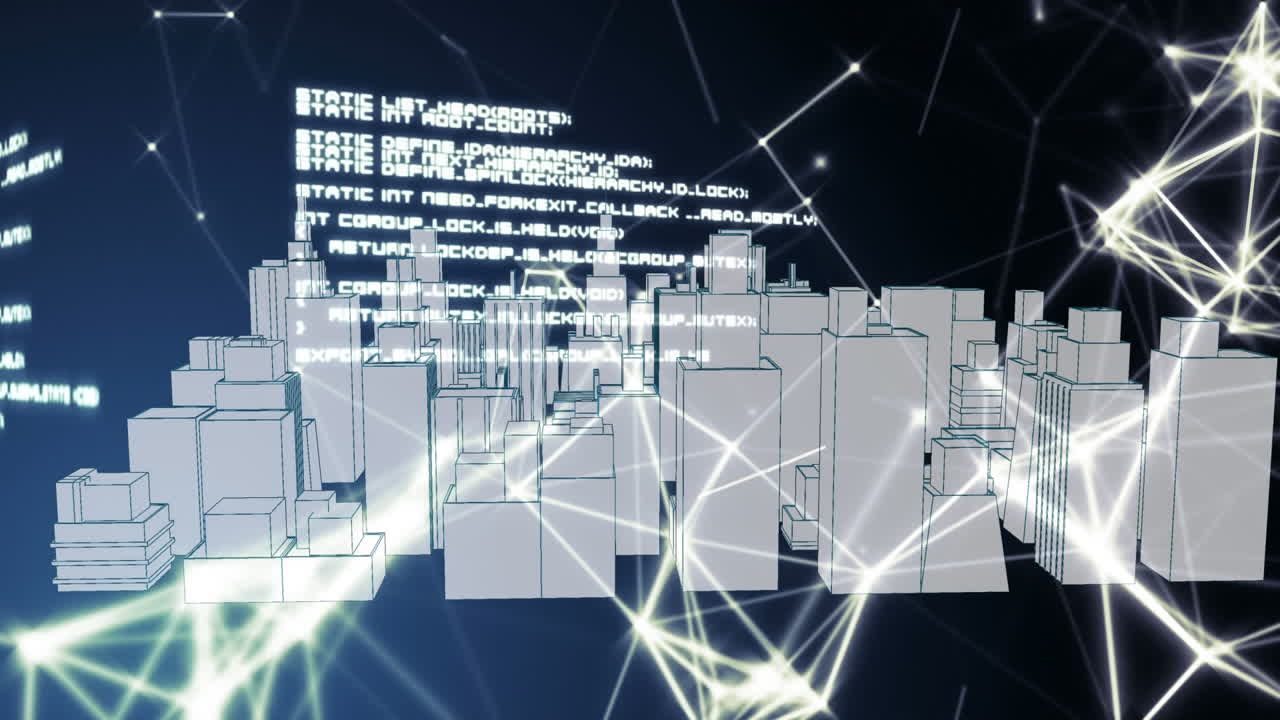 red de conexiones y procesamiento de datos contra el giro del modelo de ciudad 3d