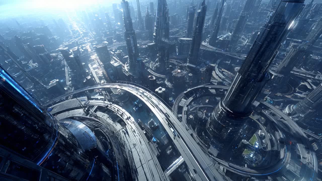 A Stunning Aerial View of a Futuristic Cityscape: Vast Skyscrapers, Innovative Infrastructure, and Interconnected Highways Captured in Breathtaking Detail Showcasing Advanced Urban Architecture