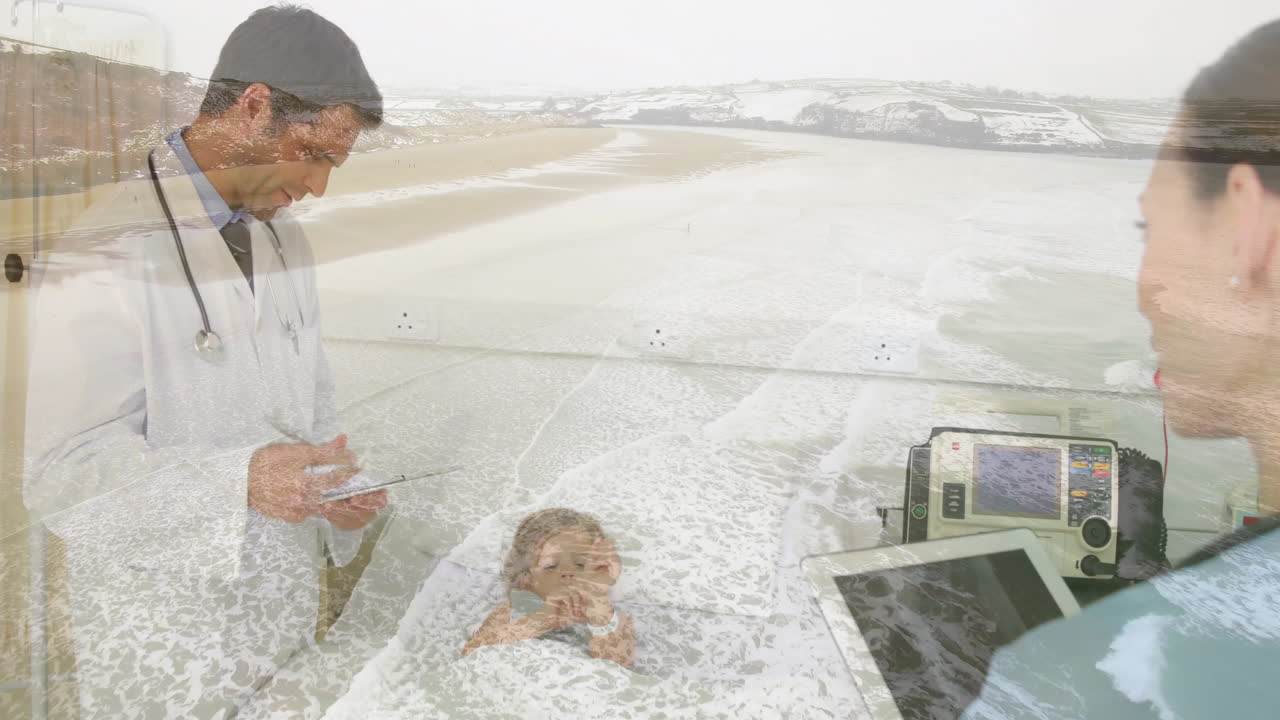 Writing notes, doctor observing child playing in water with beach animation