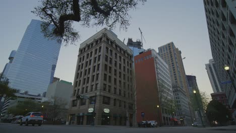 low angle establishing shot of downtown houston, texas
