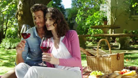 pareja interactuando mientras beben vino tinto en el parque