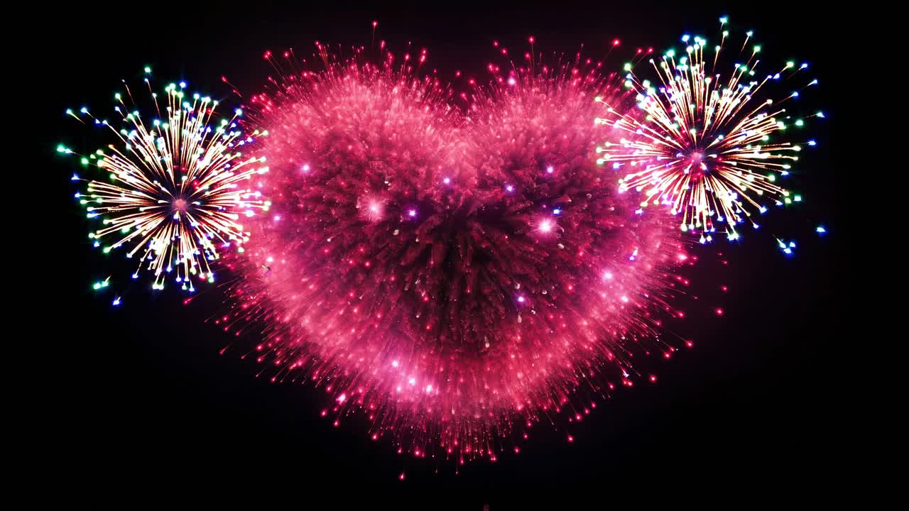 Vibrant fireworks explode in a night sky, captured from a low-angle, showcasing a festive