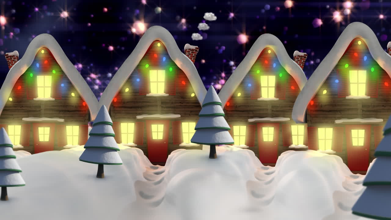 별이 떨어지는 다채로운 불빛이 요정의 불빛으로 집 위에 떨어지는 애니메이션