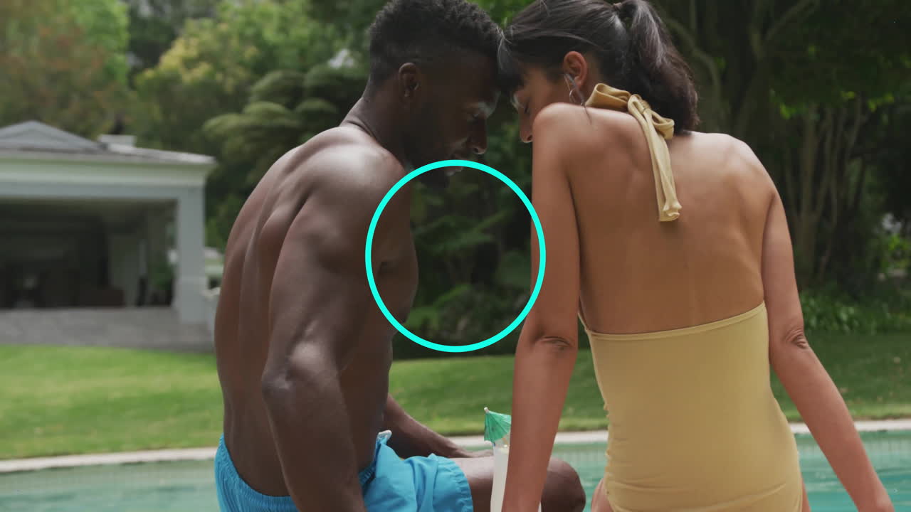 Animation of man and woman in swimwear sitting by pool with blue dots