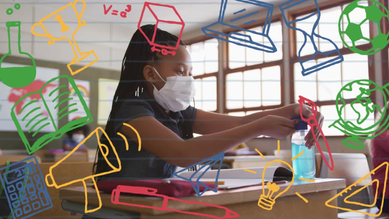 학교 아이템의 애니메이션 아이콘이 얼굴 마스크를 착용한 여학생을 가로지르고 있습니다.