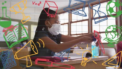 animación de objetos escolares iconos que se mueven sobre escolares que llevan máscaras faciales