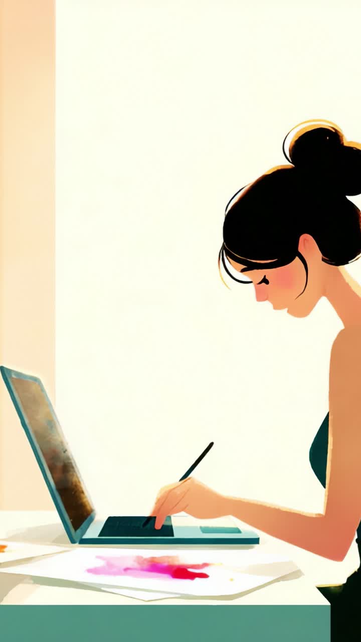 A Creative Young Woman Engaged in Digital Art Creation on Her Laptop, Painting with a Stylus and Surrounded by Colorful Illustrations and Supplies
