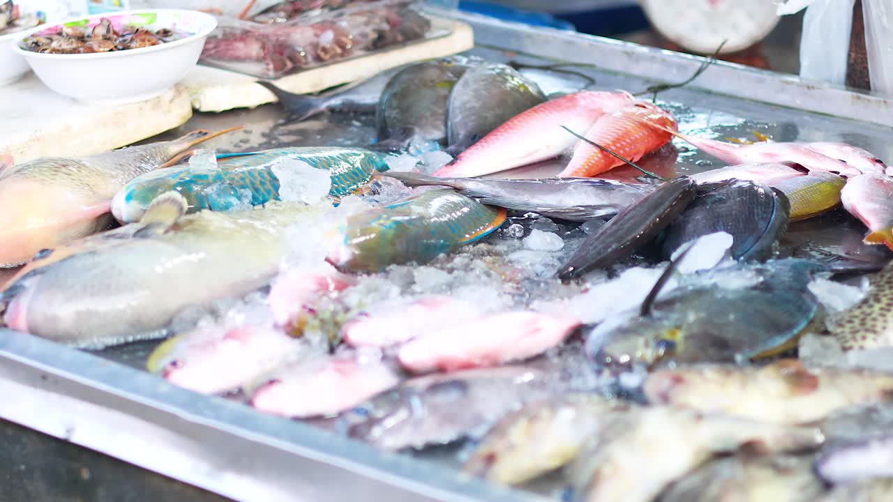 pescado fresco en hielo en el mercado de phuket