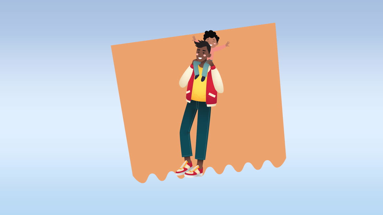 animación de una familia feliz abrazándose sobre un fondo azul