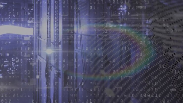 Animation of globe and binary code over servers