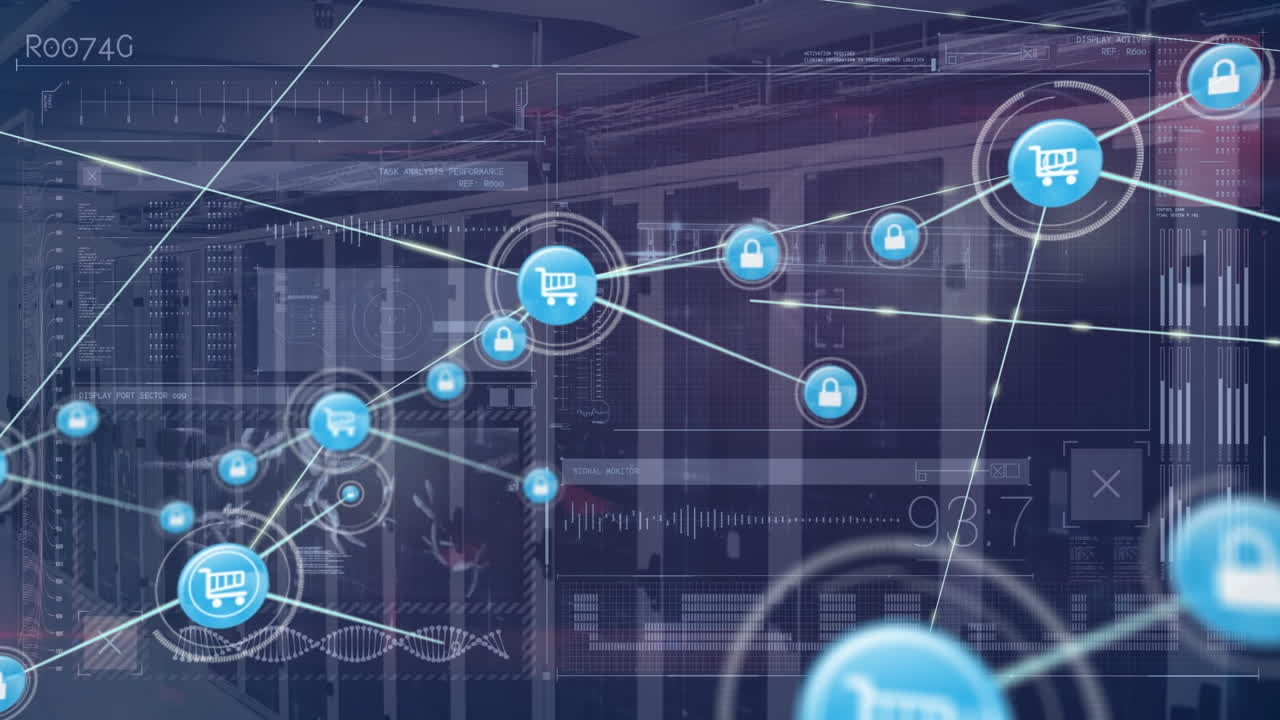 Animazione di una rete di connessioni con icone ed elaborazione dati in una server room