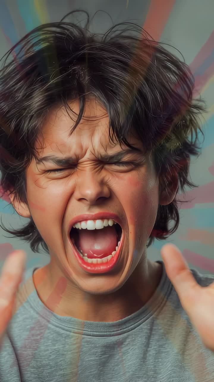 Vertical video: Reacting teen male moving yell into calm on set as streaks passing hands gray tee