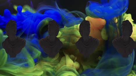 animación de esculturas y nubes de humo de colores sobre fondo negro
