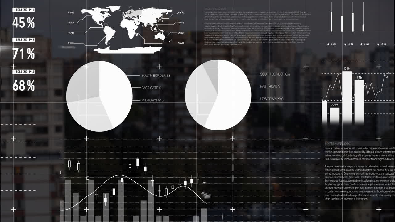 Overlaying urban cityscape, animation of financial data charts and graphs in action