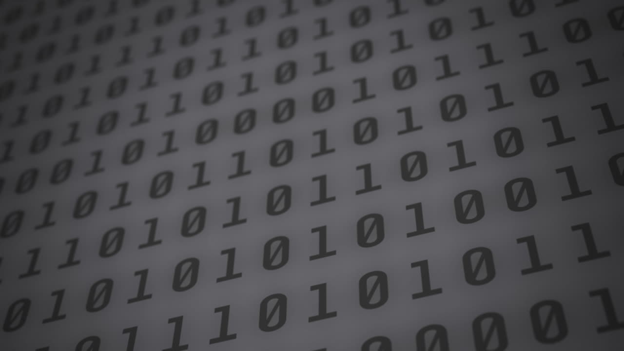 Digital animation of binary coding digital data processing against grey background