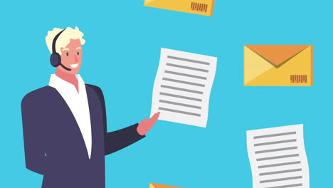representante de servicio al cliente con correos electrónicos y documentos