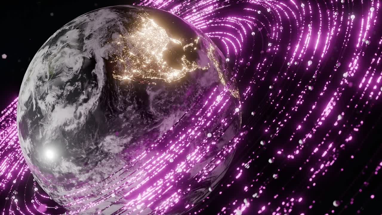 Earth showing illuminated North and Central America with pink light trails in outer space. United States, Mexico, Canada. 3D rendering with night lights and energy wave. technology global connection