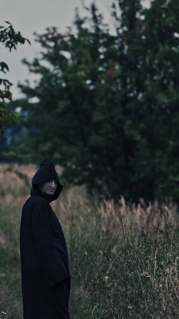 Field with ghost in countryside. Spooky field with ghost in black cloak Vertical video