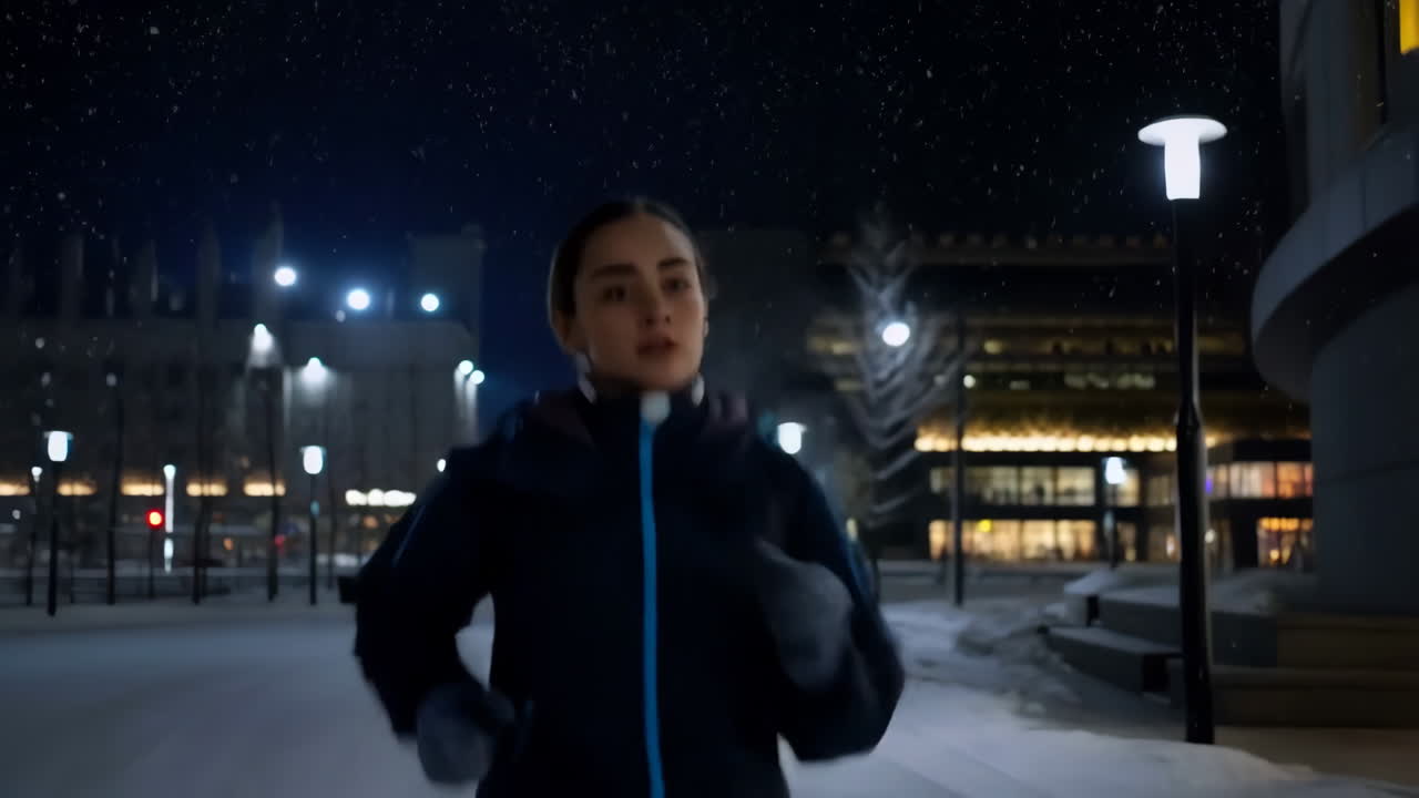 Woman Running in a Snowy City at Night