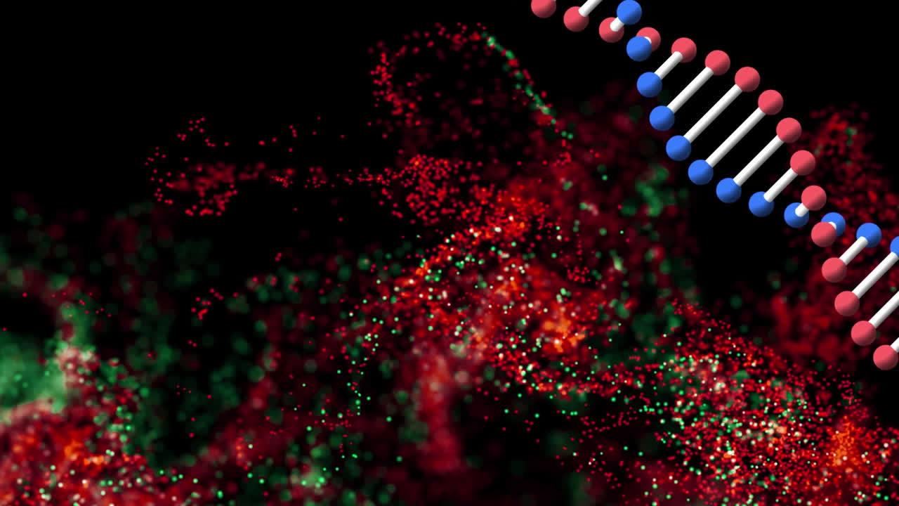 검은 바탕에 동적 파동을 형성하는 점 위의 dna 나선의 애니메이션