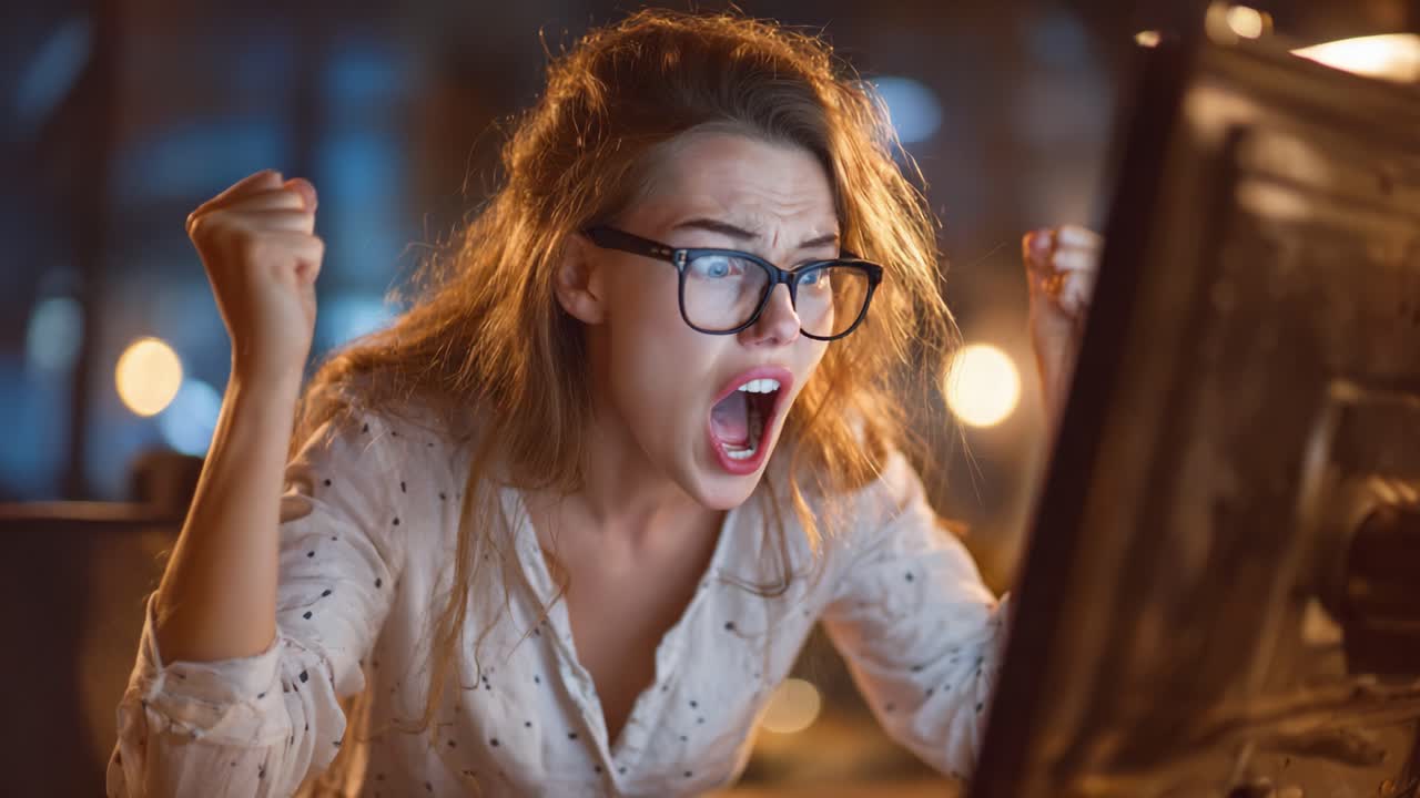 Intense Frustration: A Young Woman's Emotional Reaction While Facing a Computer Screen During a High-Stress Situation, Captured in Two Powerful Frames