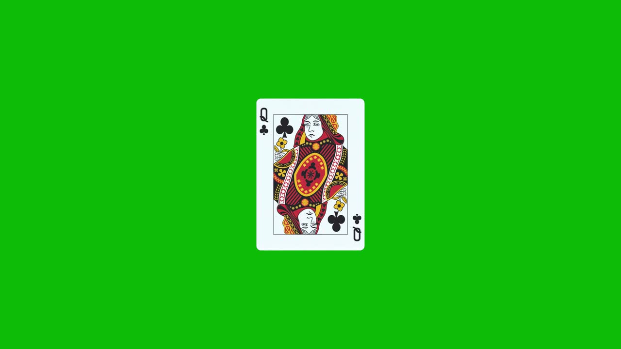 Queen of clubs poker card spins and reveals on green screen, 3D animation. You can adjust the timing of the clip to control the reveal effect