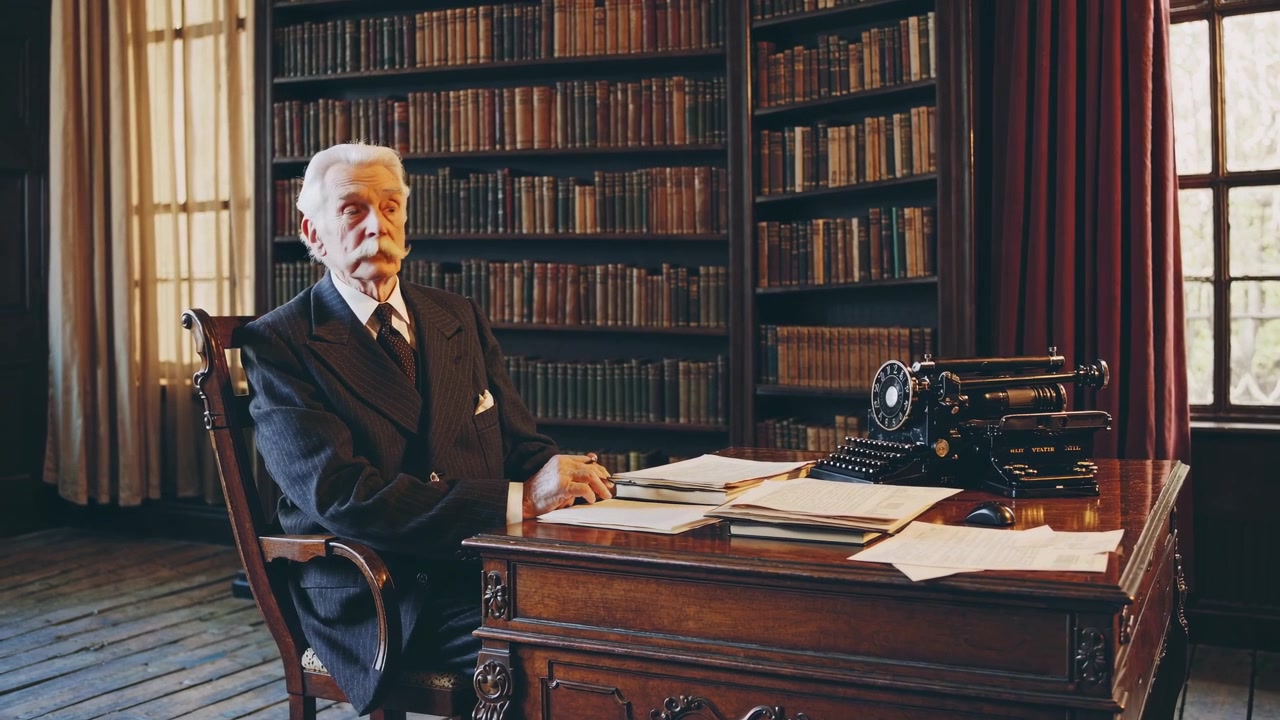 Uomo anziano in abito seduto alla scrivania in una biblioteca classica