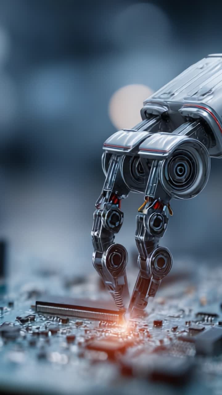 En robotarm, der håndterer komponenter på et printkort, og viser præcisionsteknik og avanceret teknologi i aktion med illuminerende lys