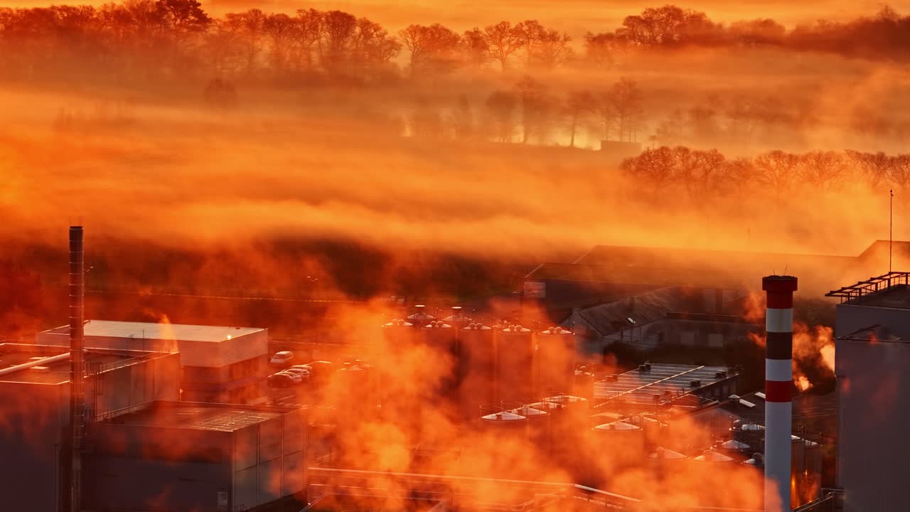 Industrial plant covered in thick smoke and fog during a red sunrise