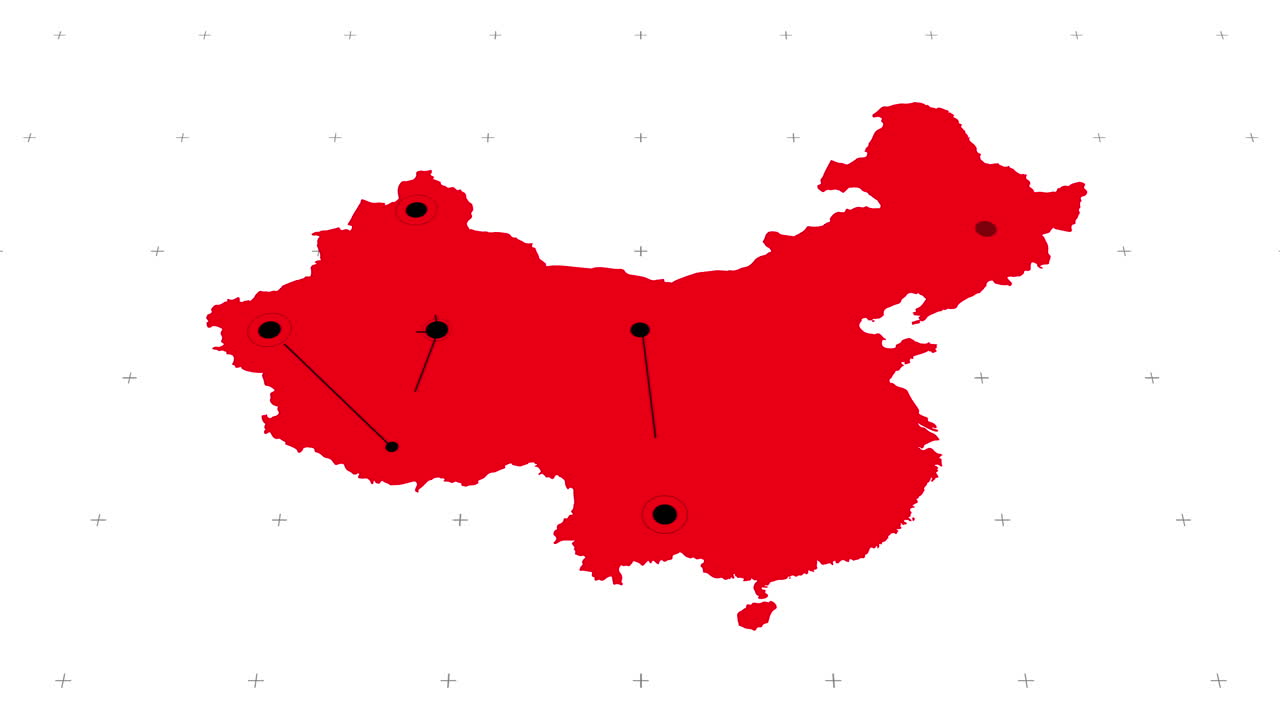 mapa rojo con una red negra de puntos conectados en movimiento rápido sobre fondo blanco
