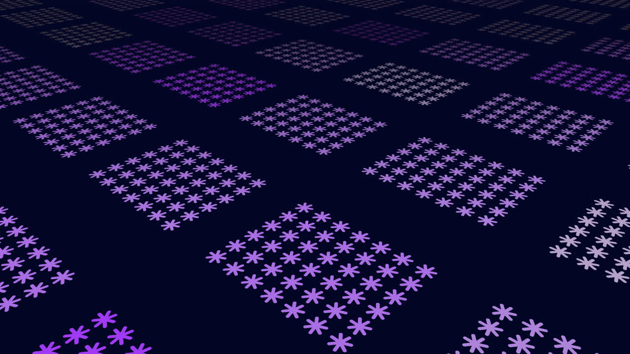 Neon rainbow snowflakes pattern in rows on black gradient