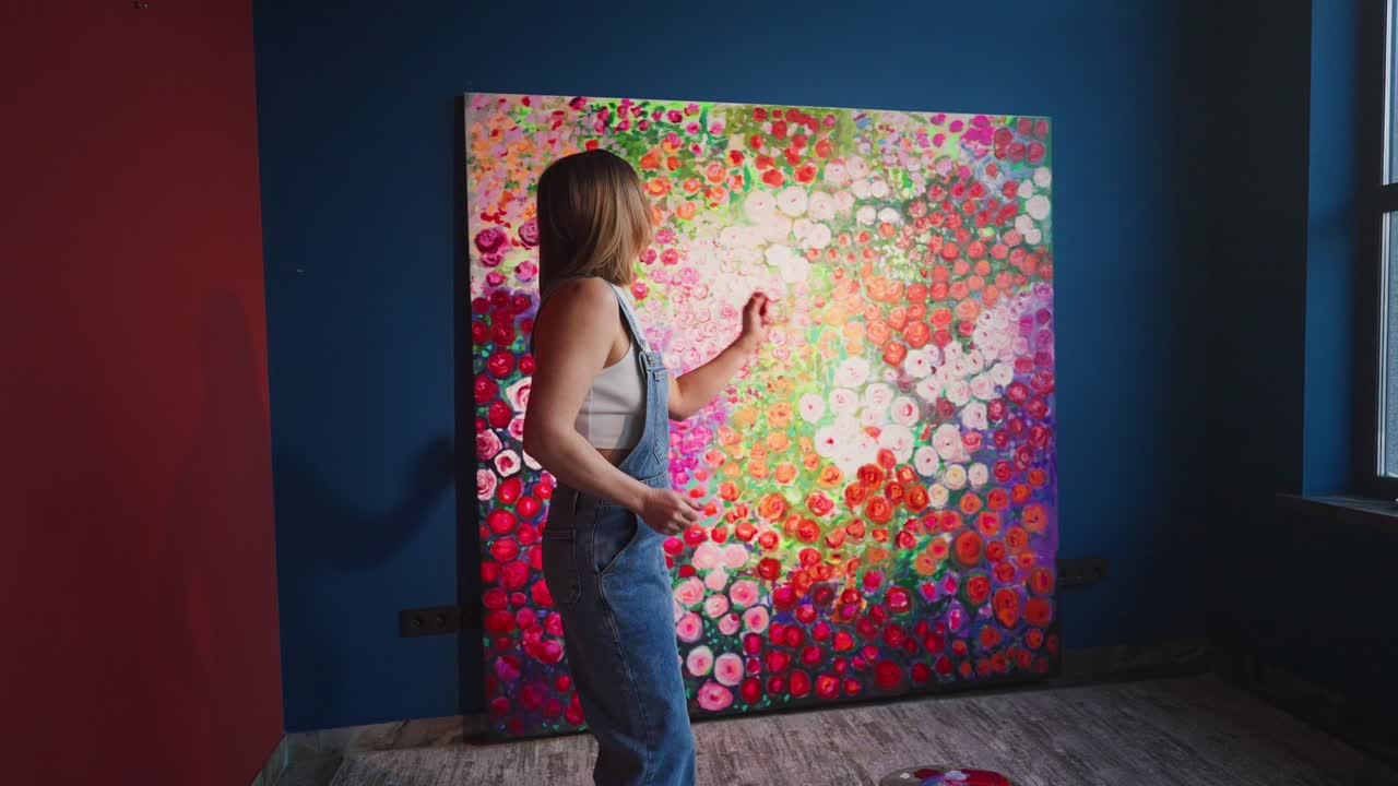 Mulher Alegre Dançando e Alongando em Frente a uma Pintura Floral Vibrante