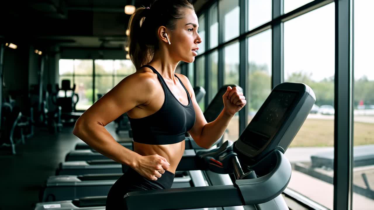 Una donna concentrata corre su un tapis roulant in palestra, ripresa di profilo. Il video mette in risalto