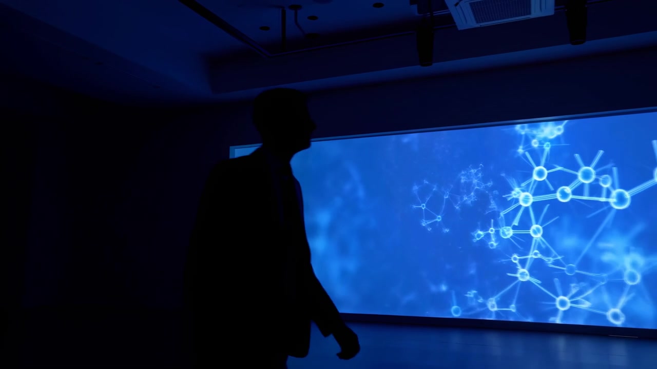 Silhouetted adult man in business suit walks across foreground of dimly lit presentation room while wide blue projection shows abstract molecular network graphics, circular nodes, and glowing lines