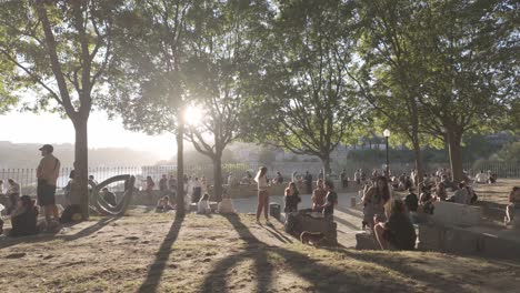 people enjoy a sunny evening in a park near the river with trees and a sculpture at sunset