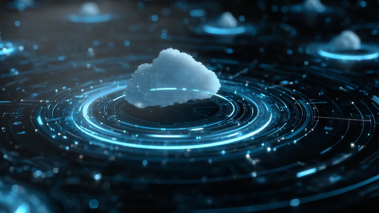 A captivating digital landscape featuring a vibrant cloud surrounded by glowing circular patterns that illustrate a futuristic data environment and connection dynamics
