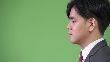 young handsome asian businessman against green background