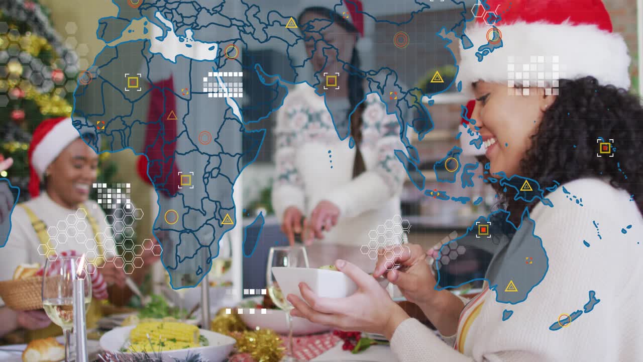 Six friends gathering for holiday meal, passing dishes, with world map tech HUD growing over group