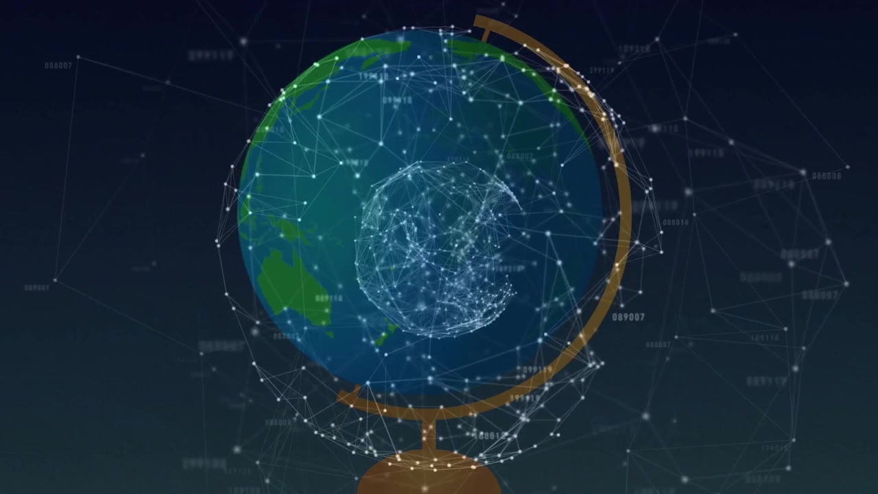 At start globe rotating eastward while inner data sphere pulsating highlighting connectivity
