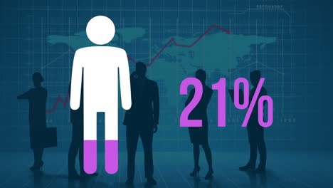 person and rising percentage filling in pink with silhouetted people and world map