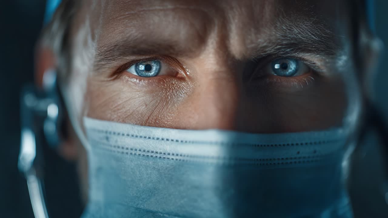 Intense Focus: A Close-Up of a Medical Professional's Eyes, Capturing the Emotions and Determination Behind the Mask in an Operating Room Environment