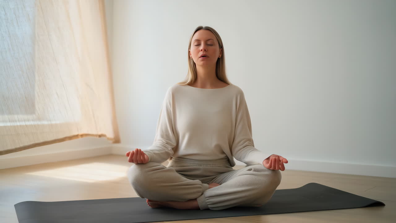 mujer meditando en un ambiente doméstico pacífico