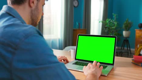 sobre el hombro de un hombre que usa una computadora portátil con una pantalla de maqueta verde. en el fondo una acogedora sala de estar