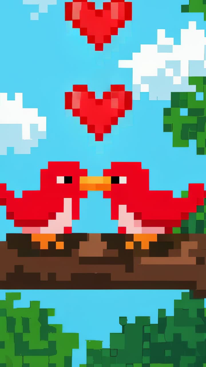 Video verticale: uccelli pixel rossi in movimento che chiudono il becco su un ramo, condividendo amore con cuori fluttuanti